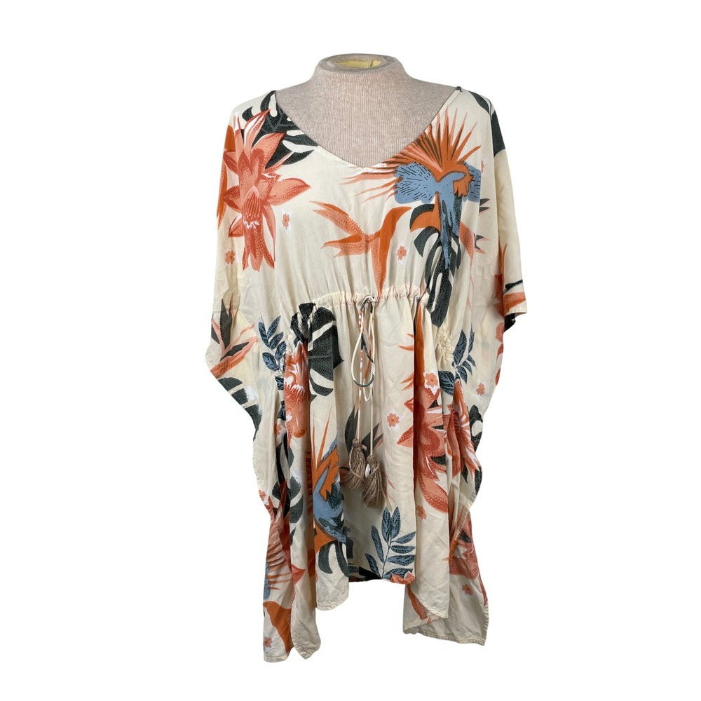 Z&L Europe Womens Tropical Floral‎ Kaftan Dress Cream Coral Blue Size S